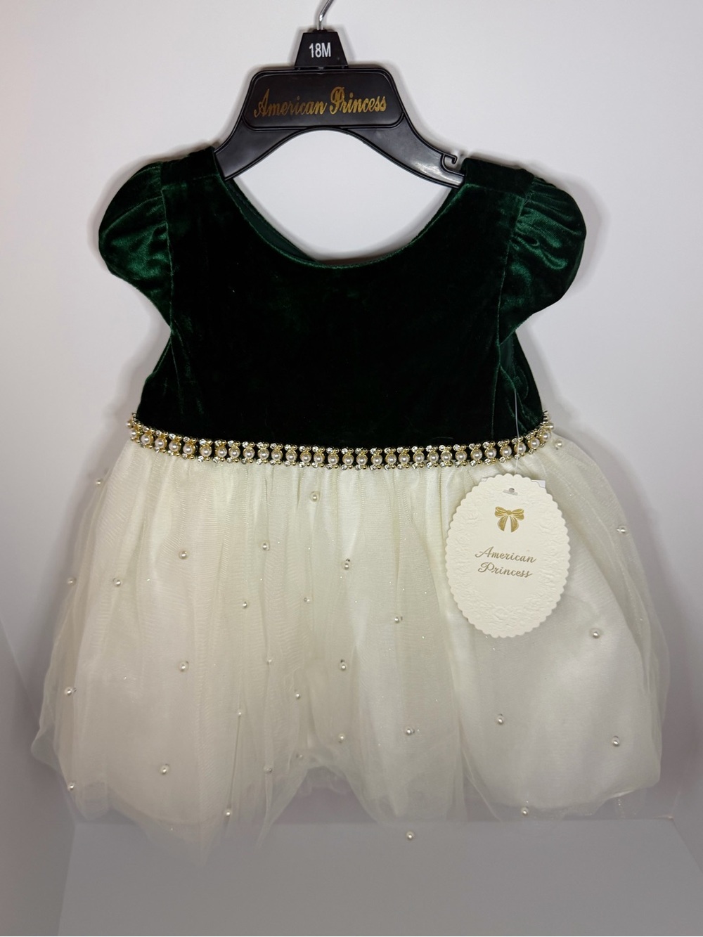 American Princess Dark Green Velvet and Ivory Tulle Holiday Dress